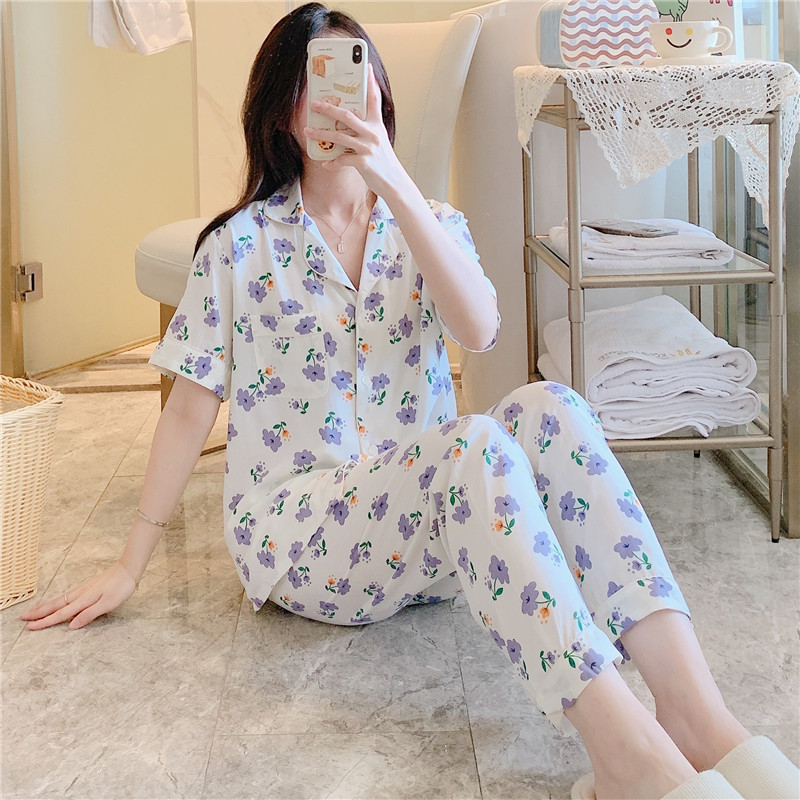 Spring and summer cotton silk pajamas women's long sleeve thin cotton silk suit Korean style artificial cotton loose home wear plus size