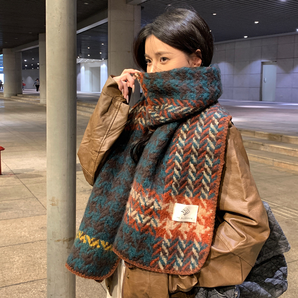 Thick White Artistic Winter Scarf Women's 2024 New High-end Lilac Plaid Korean-style All-match Warm Scarf
