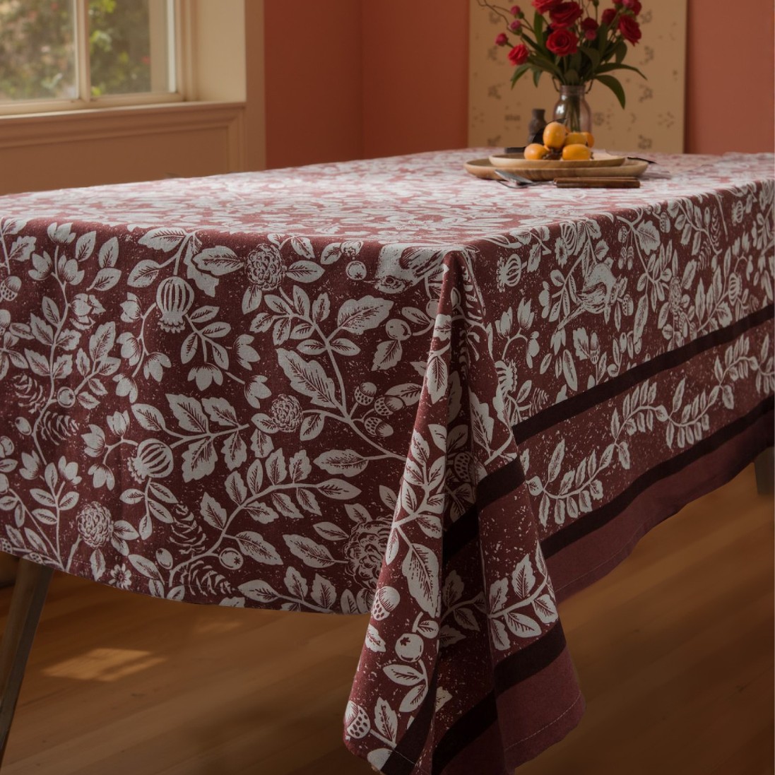 Yiji Qiyun Plant Flower and Bird Tablecloth American Country Tablecloth Imitation Cotton and Linen Fabric Orange Printed Rectangular