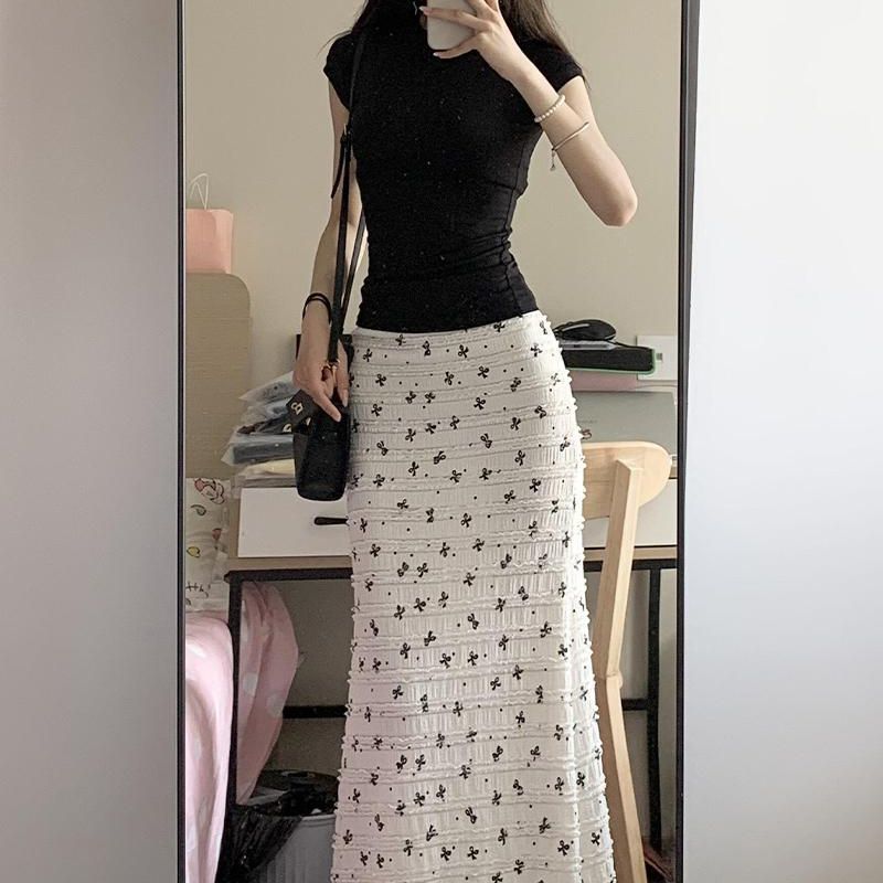 [6061 People Collection] 2025 Summer Vacation Style Bow Printed Lace Hollow Floral Fishtail Skirt