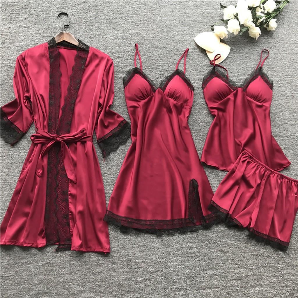 Cross-border Pajamas Women's Sexy Pajamas Four-piece Set Korean-style Sling Nightgown Women's Home Clothes with Chest Pad Nightgown 2103
