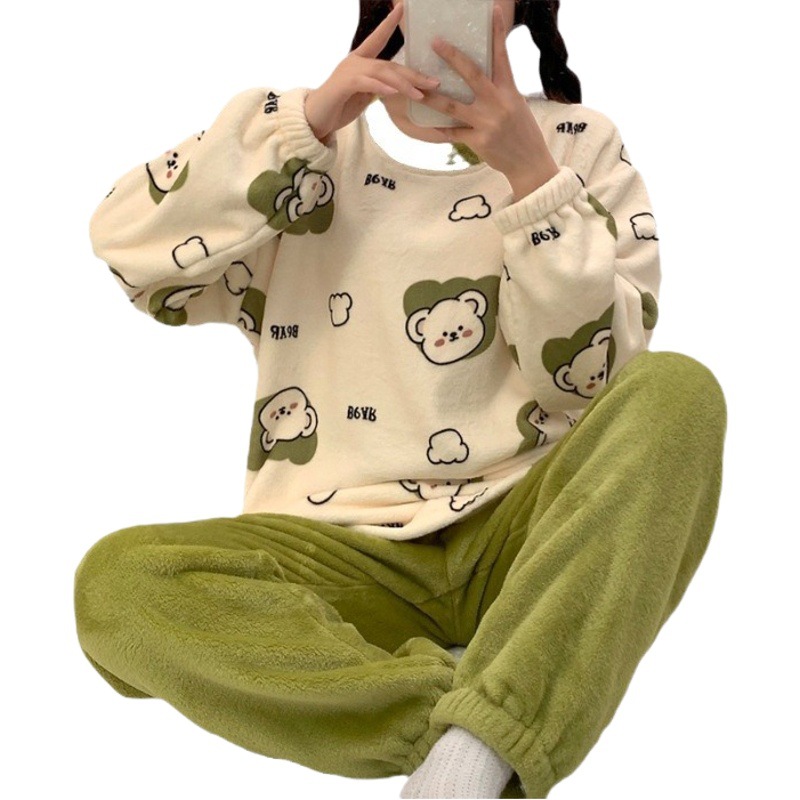 Autumn and Winter flannel pajamas women's cartoon 2023 new winter thickened coral fleece student homewear suit