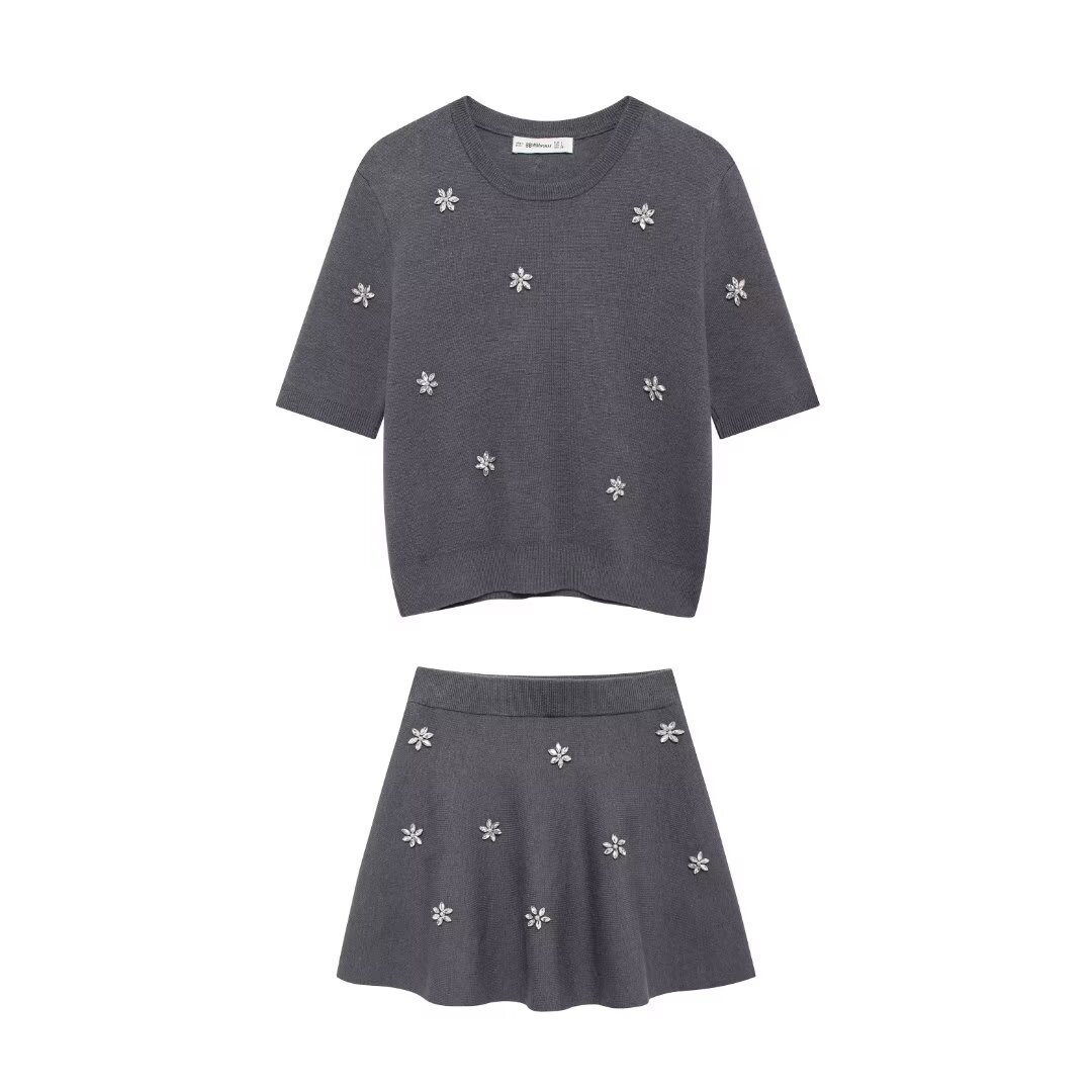 SAW AliExpress Independent Station Jewelry Round Neck Short Sleeve Sweater Skirt suit Women