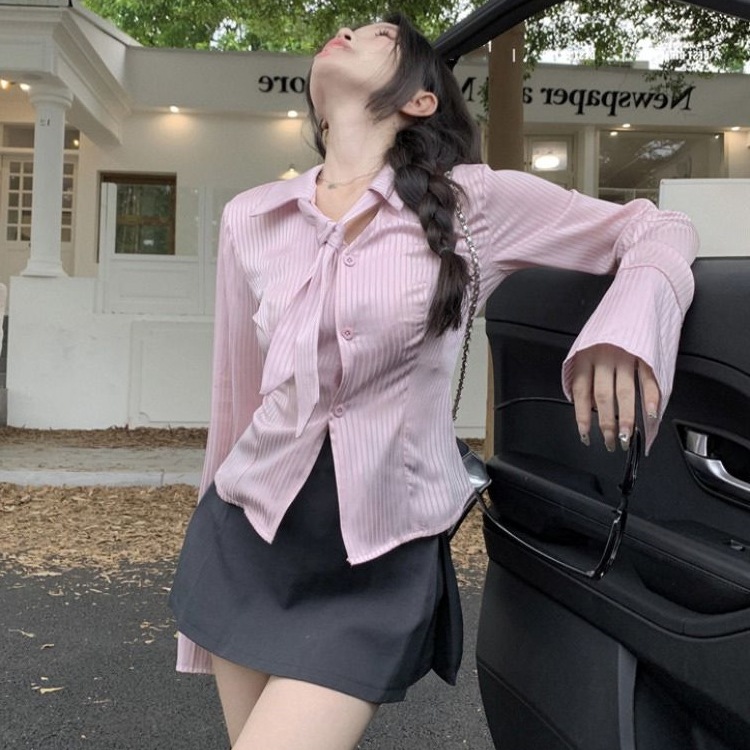 2025 women's autumn pink striped new shirt all-match small foreign style chic design long sleeve shirt top
