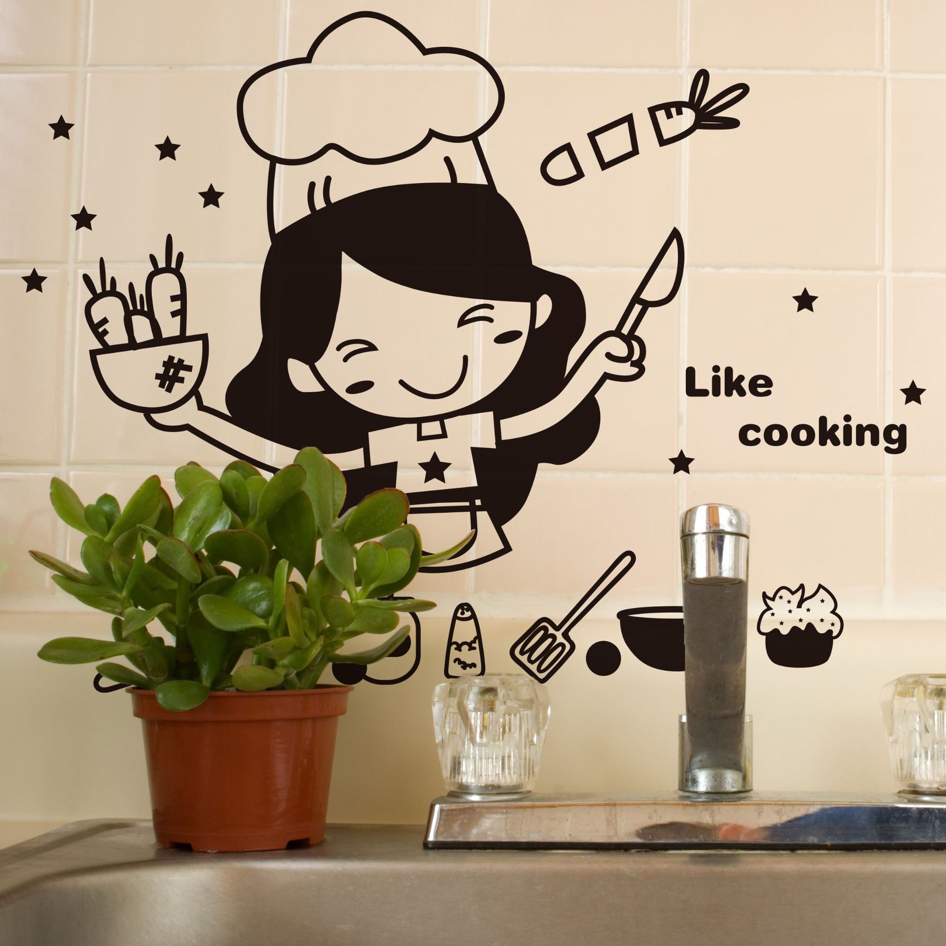 New creative cute chef wall stickers Kitchen restaurant glass cabinet door removable decorative wall stickers XH0212