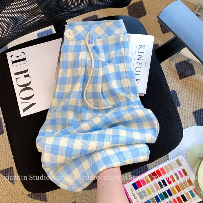 Picture of 2025 new blue plaid slacks, summer and spring thin women's loose wide-leg pants, high-waisted drape Yamamoto pants