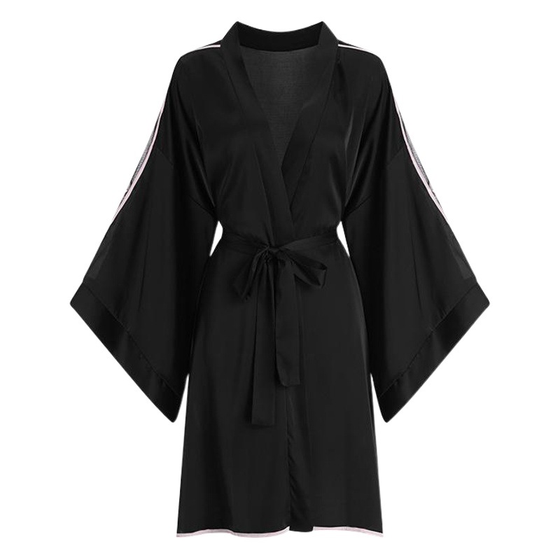 Guiruo Spring and Summer New Women's Silk-like Sexy Deep V Mesh Stitching Split Sleeping Robe Bathrobe Home Clothes 882