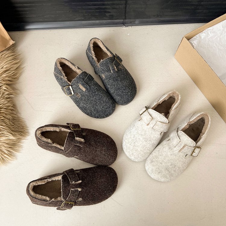Warm and Good-looking Woolen Shoes fleece-lined Autumn and Winter Woolen Cotton Shoes Half-tow Flat Oatmeal Shoes