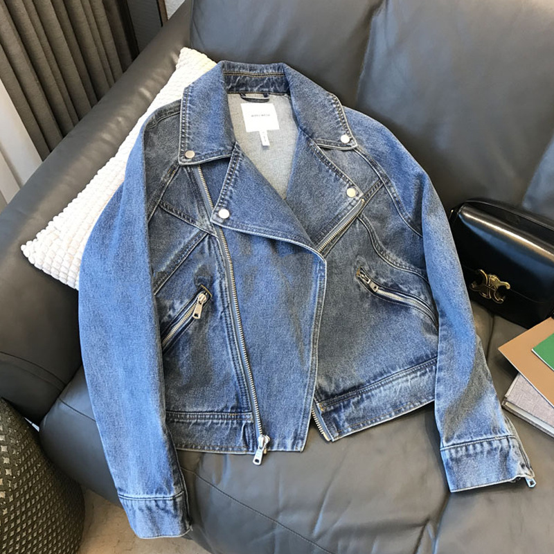 Picture of Fried Street section ~ trend is full, fashionable fine love! Motorcycle Large Lapel Zipper Long Sleeve Denim Jacket