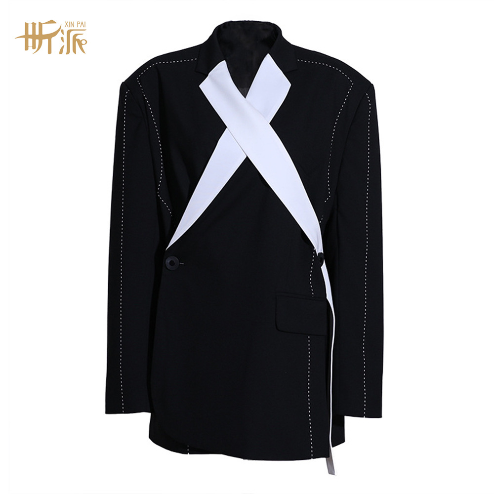 Irregular Black and White Contrast Color Stitching Cross Design oversize Suit Jacket Women's Niche Side Slit