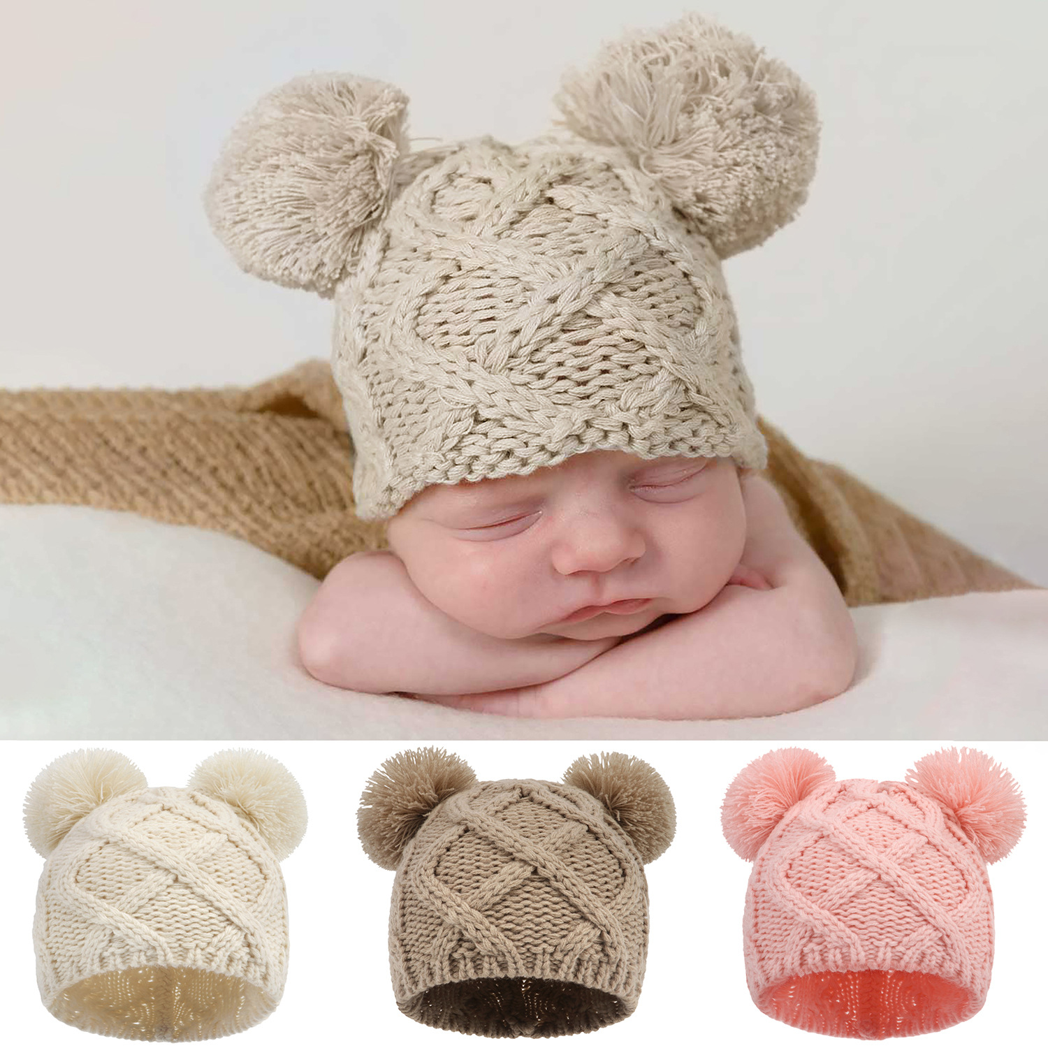 Newborn Baby Photography Hat Baby Knitted Double Ball Hat Baby Warm Bear Wool Hat