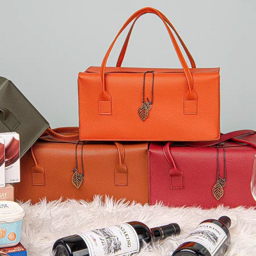 Picture of in stock High-grade Leather Red Wine Gift Box Double Pack Accompanying Gift Big Fortune Bag Business Gift Wine Packaging Box