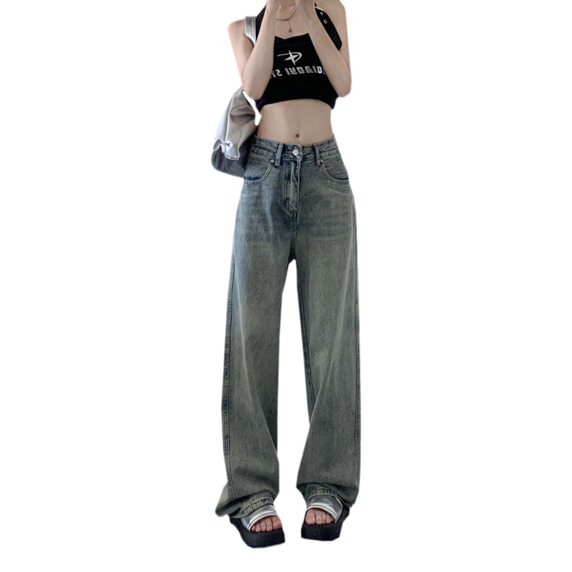 American retro nostalgic Trousers Jeans Spring and Autumn small pear-shaped high waist wide leg straight pants mop pants for women