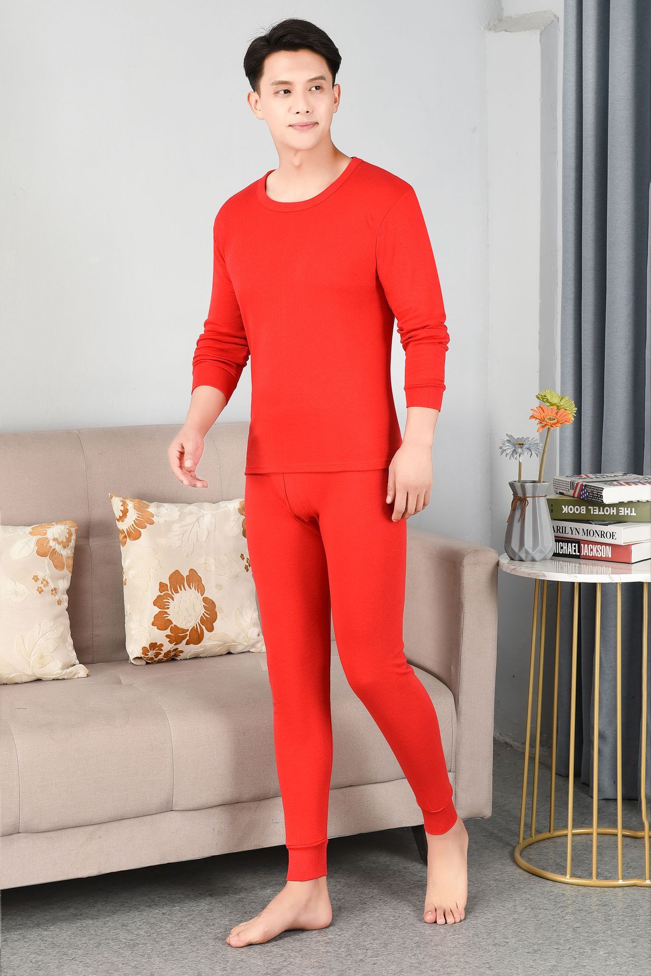 Picture of Men's Thermal Underwear suit Autumn and Winter Thin Solid Color Autumn Clothes and Pants fleece-lined Thickened Youth Base Shirt plus size
