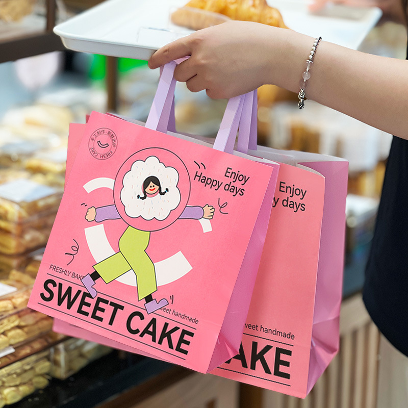 Pink Cute Bread Packaging Bag Dessert Tote Bag Baking Packaging Bag Cake Shop Takeaway Kraft Paper Bag Customization