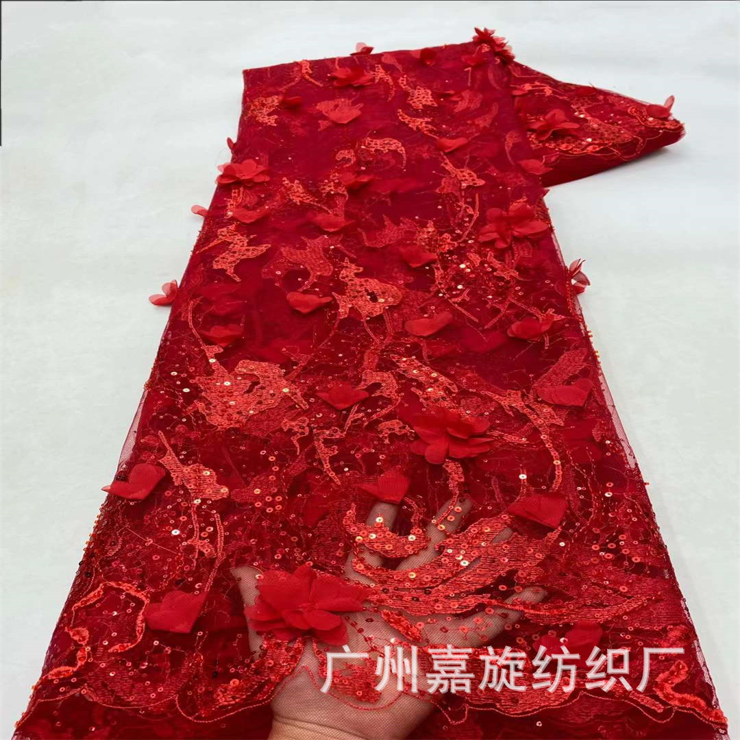 Festive Red Mesh Bottom Chiffon Flower Bead Fabric African Heavy Embroidery Sequin Lace Embroidered Cloth JX4326