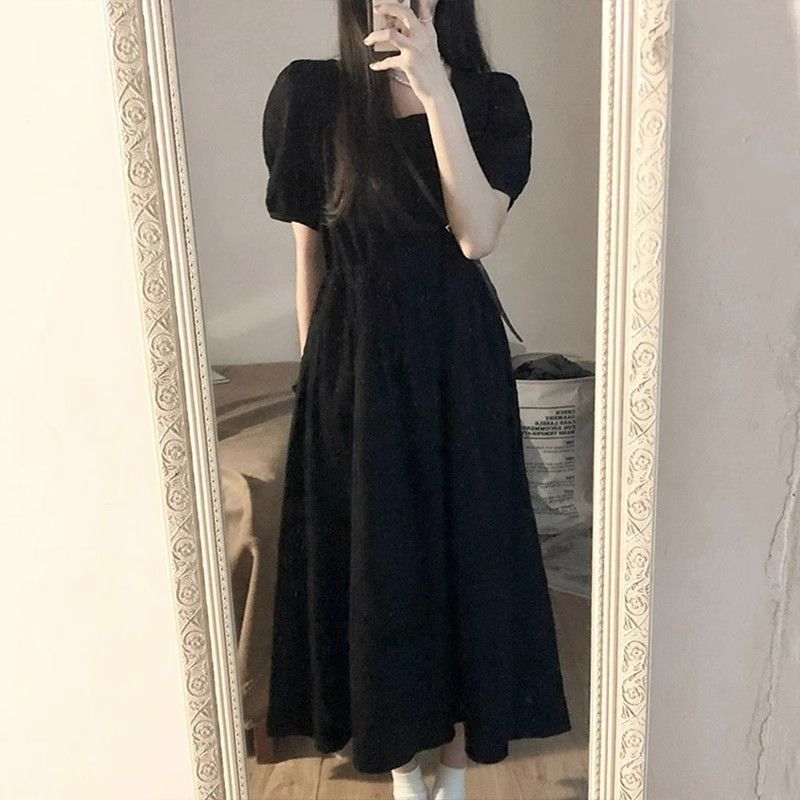 Black dress Bubble Sleeve Elegant Hepburn Style French Style Slim-fit Women's Summer Small Black Skirt Long Dress