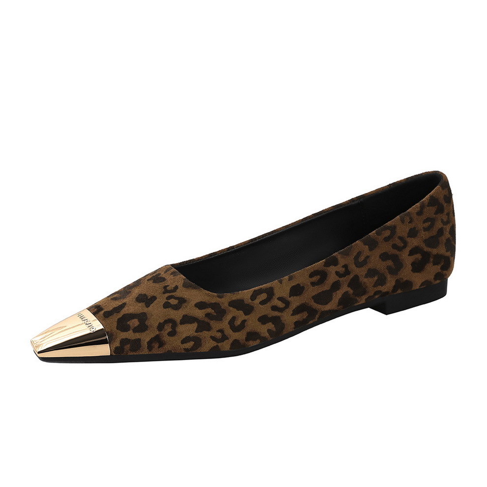 Picture of 8217 leopard print single shoes women's shallow mouth versatile spliced suede metal toe one kick evening breeze small square toe flat floating shoes