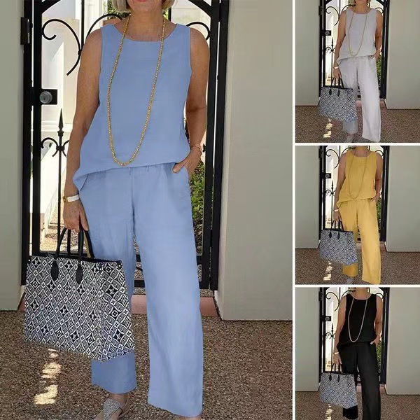 Amazon Explosions 2022 Summer New Cotton and Linen Suit European and American Sleeveless Top Cropped Wide Leg Pants Two-piece Set for Women