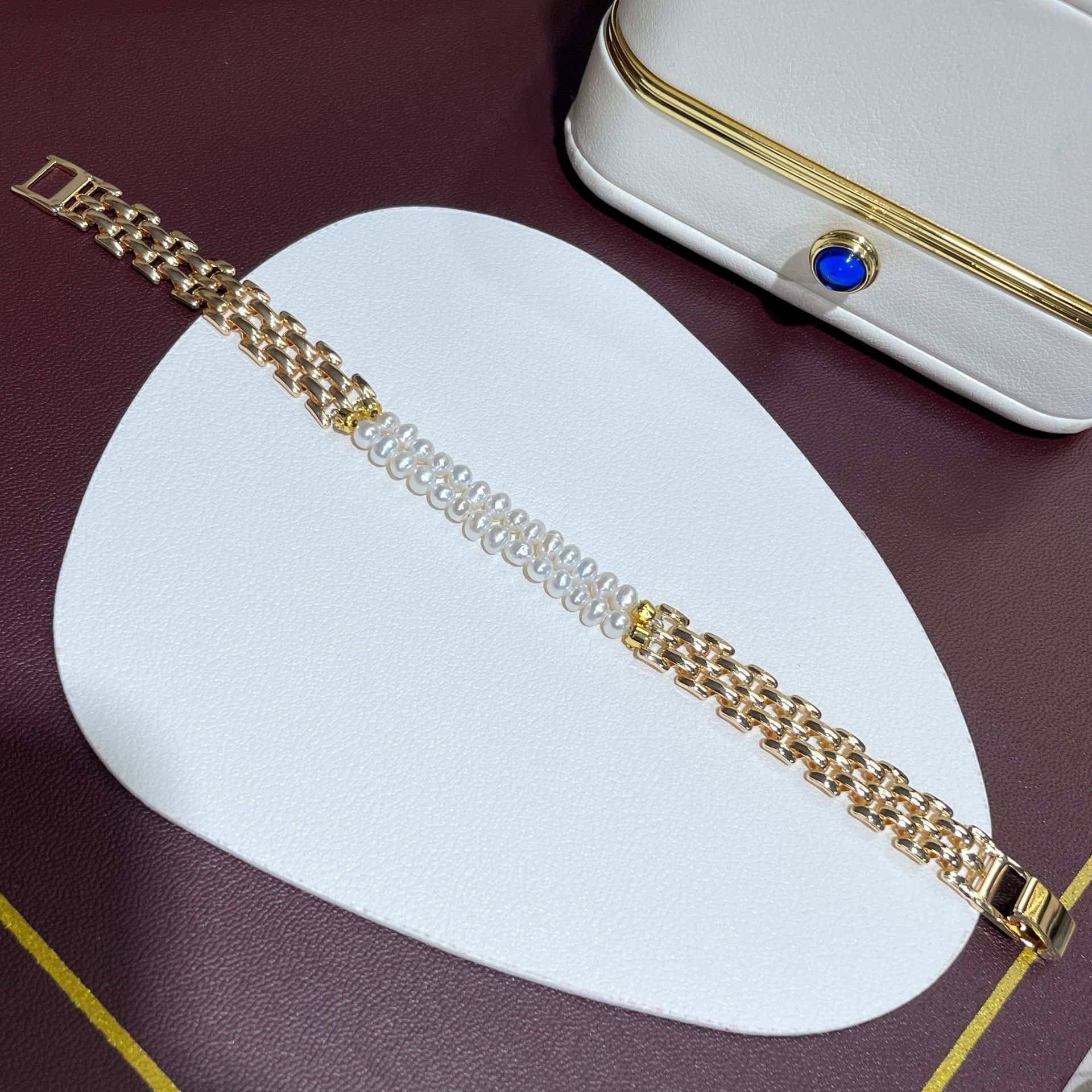 New Style Natural Small Pearl Double Layer Stacked Wearing Bracelet Women's Stitching Wide Chain Design Light Luxury Woven Watch Chain