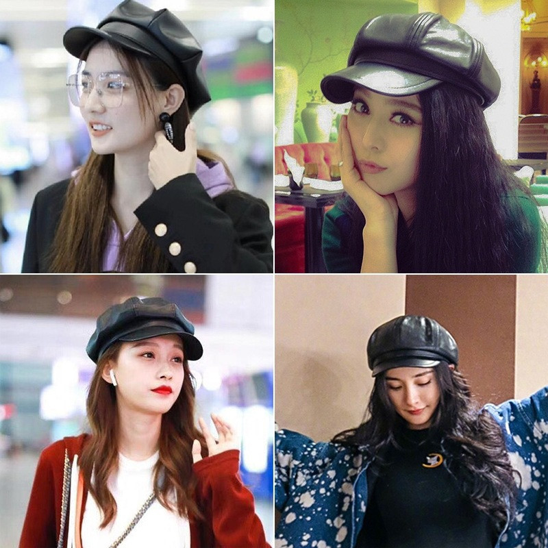 Hat Women's Korean Style Octagonal Hat Showing Face Small Pu Leather Peaked Cap Spring British Trendy Painter Hat Beret