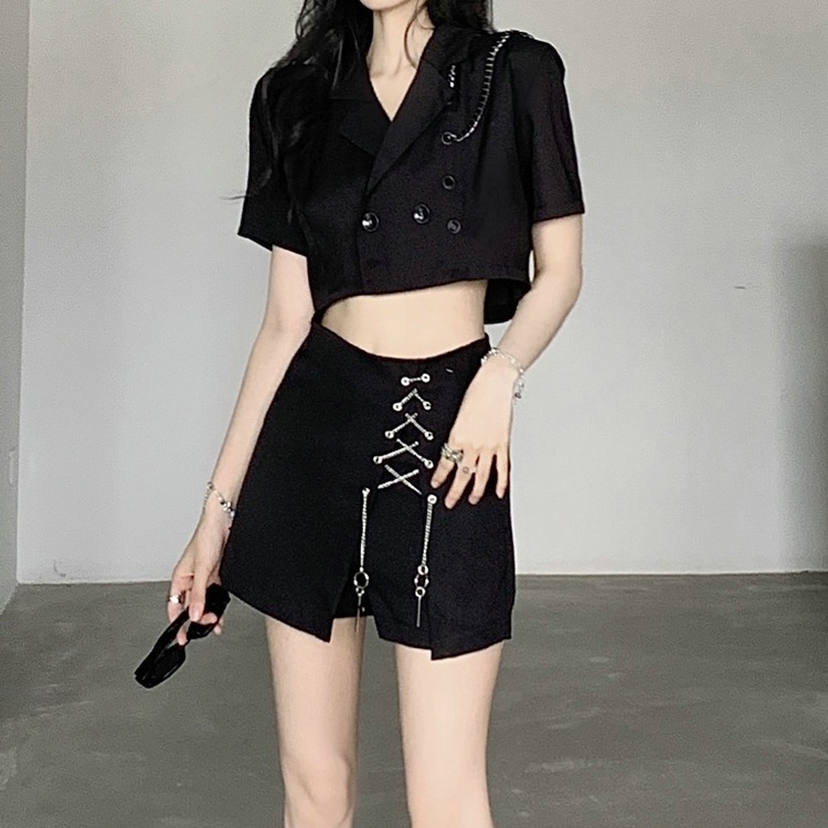 Black drag cool chain short sleeve small suit top high waist A word sexy hot girl skirt pants skirt two-piece suit fashion
