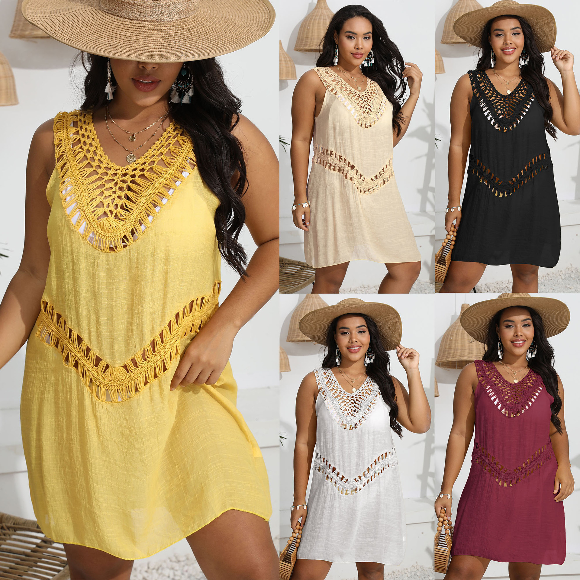 Cross-border European and American Plus Size Women's Sexy Hand Hook Stitching Beach Bikini Blouse Vest Dress Women's Dress
