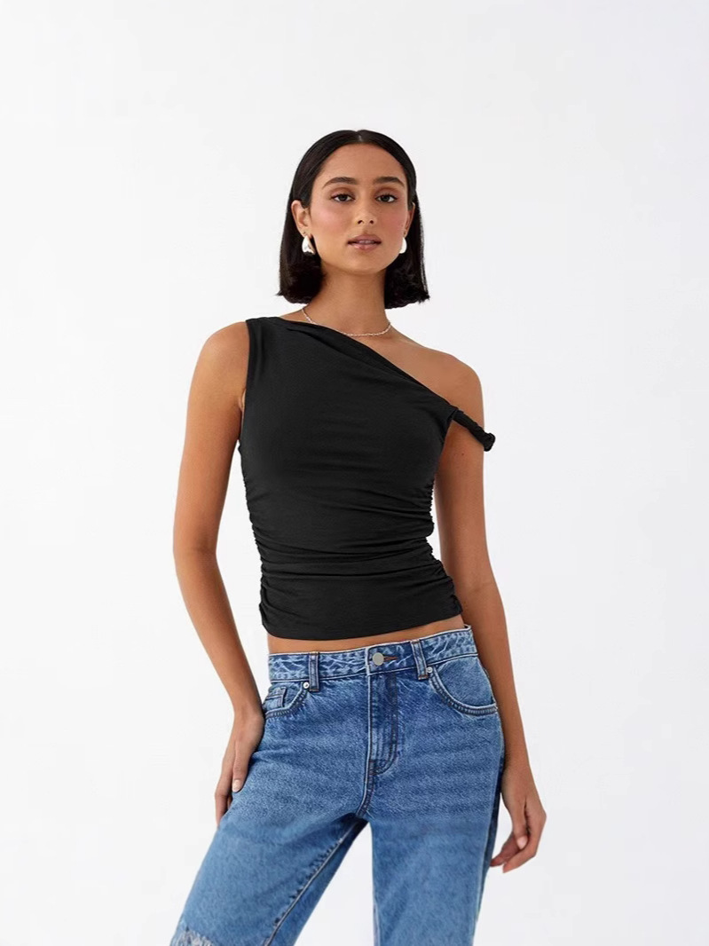 Ayj25S230-European and American Women's Summer New Pure Color One-Shoulder Slant Collar Pleated Asymmetrical Sexy Slim Top