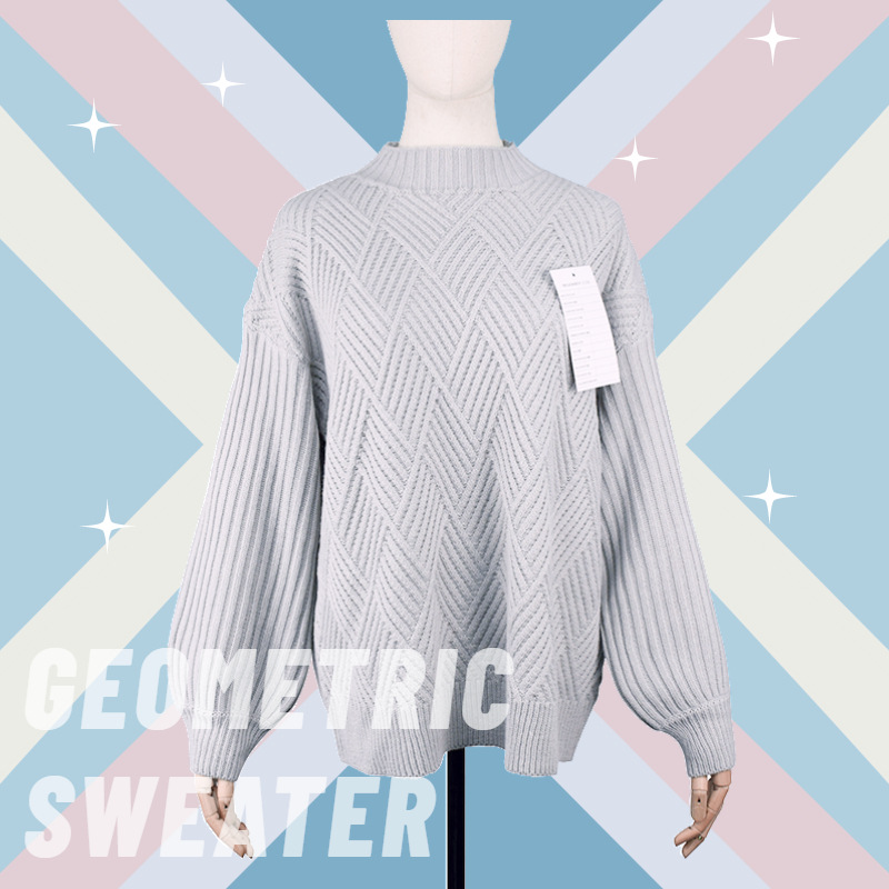 Autumn and Winter Korean style half turtleneck hot selling geometric elements lazy style loose solid color lantern sleeve pullover knitted sweater for women