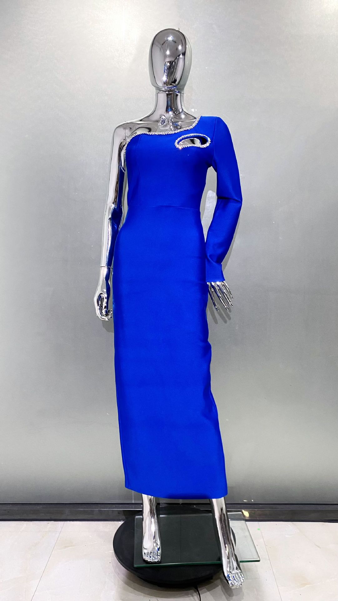 Picture of Blue Fashion Shoulder Long Sleeve Hollow Slim-fit Tight Long Bandage Hip dress Party Party Gown