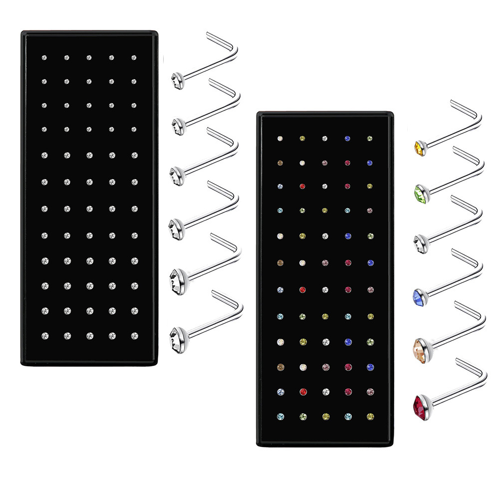 European and American 1.5/2.0/2.5mm 60 Boxed L-Shaped Stainless Steel Nose Studs with Diamond Nose Ring Piercing Jewelry