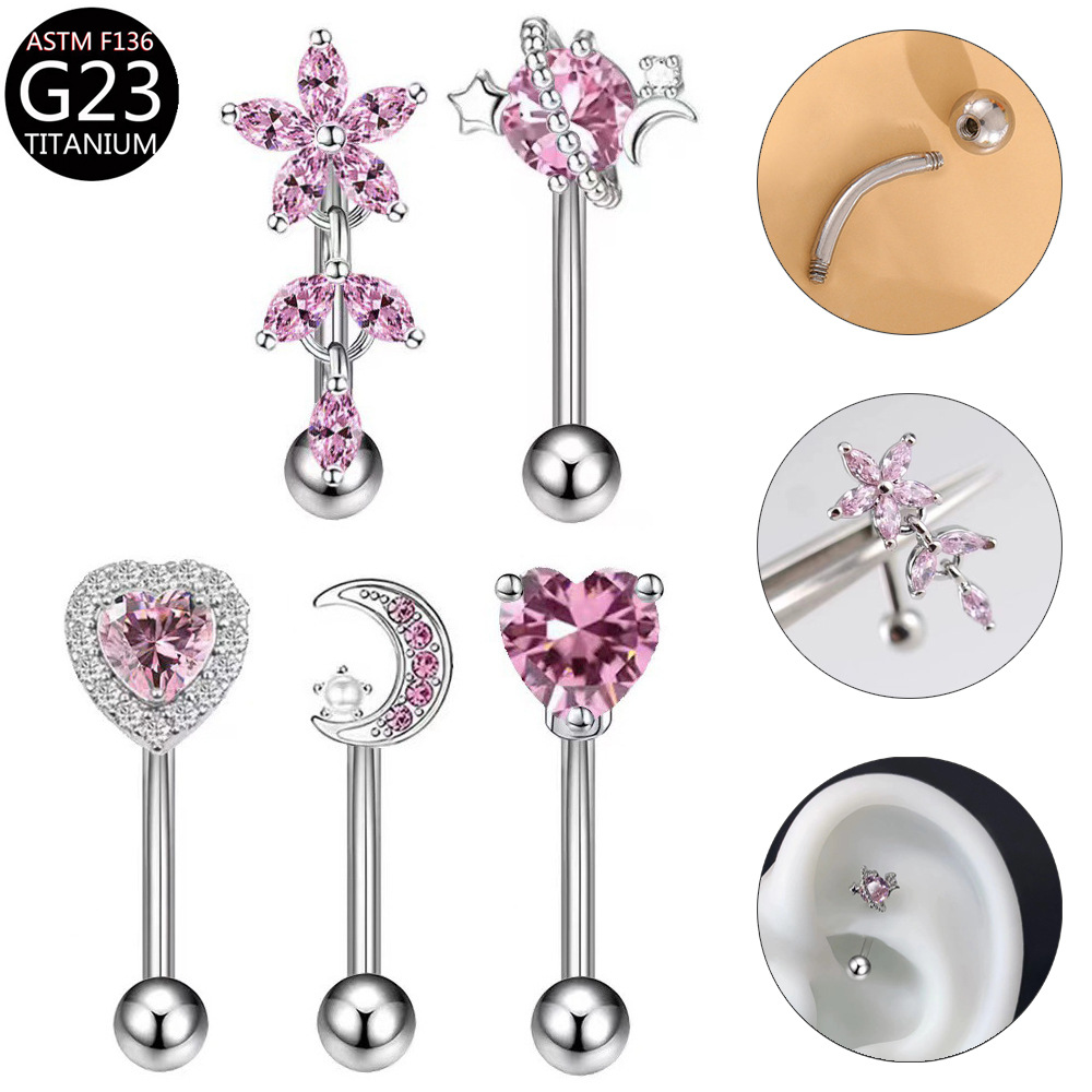 Picture of F136 Titanium Alloy Eyebrow Nail Heart-Shaped Inlaid Zircon Moon Flower Eyebrow Nail G23 Piercing Goods Wholesale