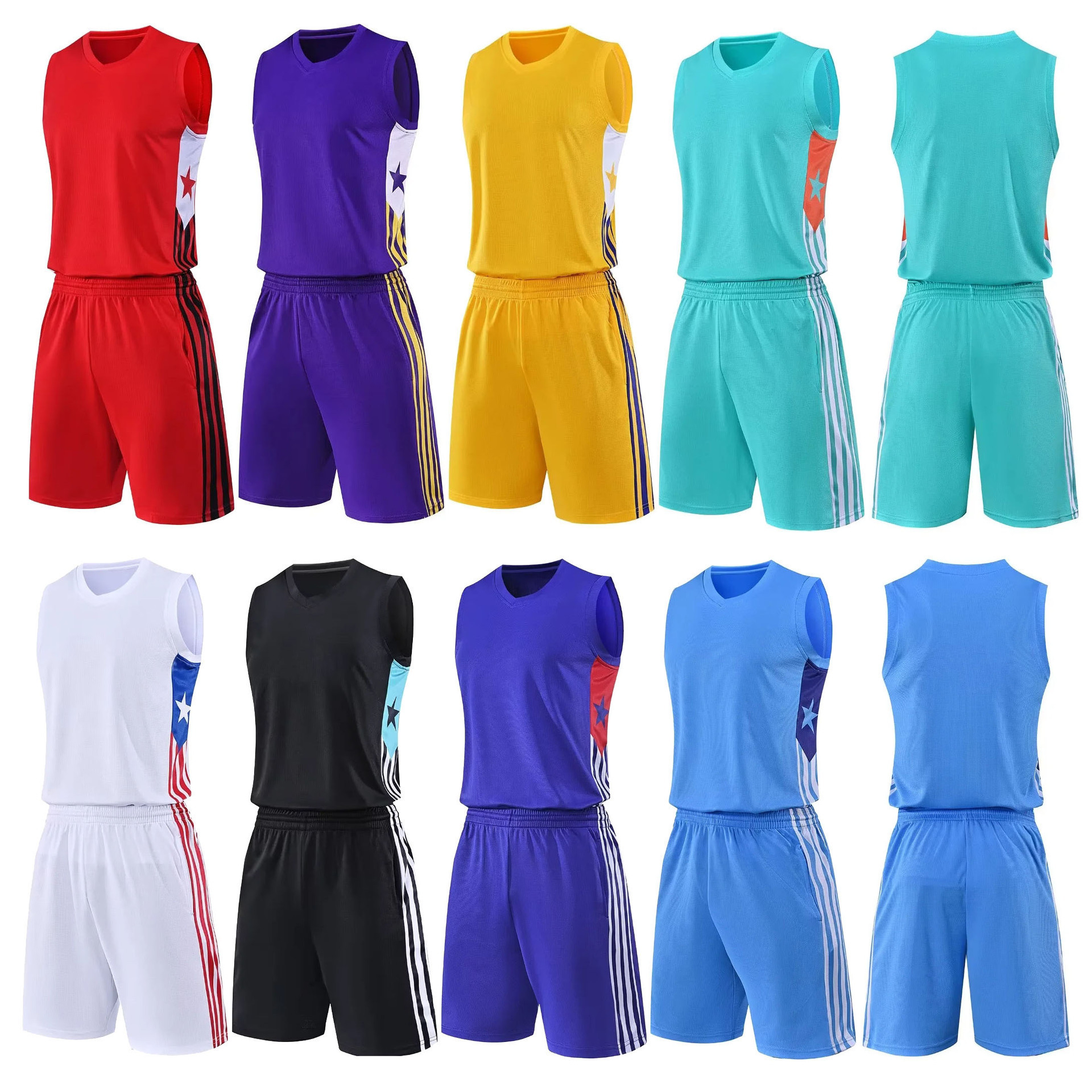 Wholesale In-Stock Children's Basketball Uniforms Men's Training Uniforms Adult Basketball Jerseys Set with Double Side Pockets and Number Printing