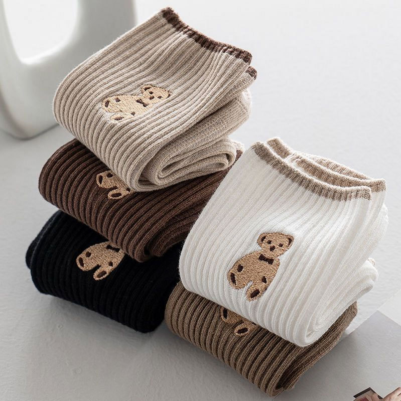 Socks Women's Mid-Calf Socks Korean Style Student Cute Cartoon Teddy Bear Socks Autumn and Winter High-Top Long Stockings Women's Socks