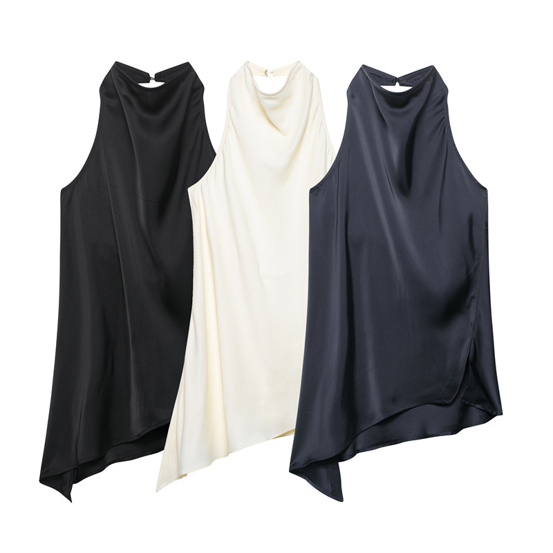 2025 New Summer Satin Solid Color Silk Satin Texture Halter Neck Top + Solid Color Wide-Leg Pants European and American Cross-Border New Style
