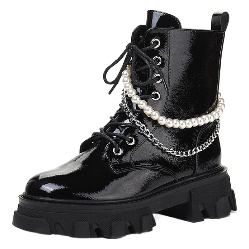 2025 New Autum Korean Style Personalized Pearl Chain Mid-Tube Thick Sole Slimming Look Leg Length Mary Jane Boots for Women