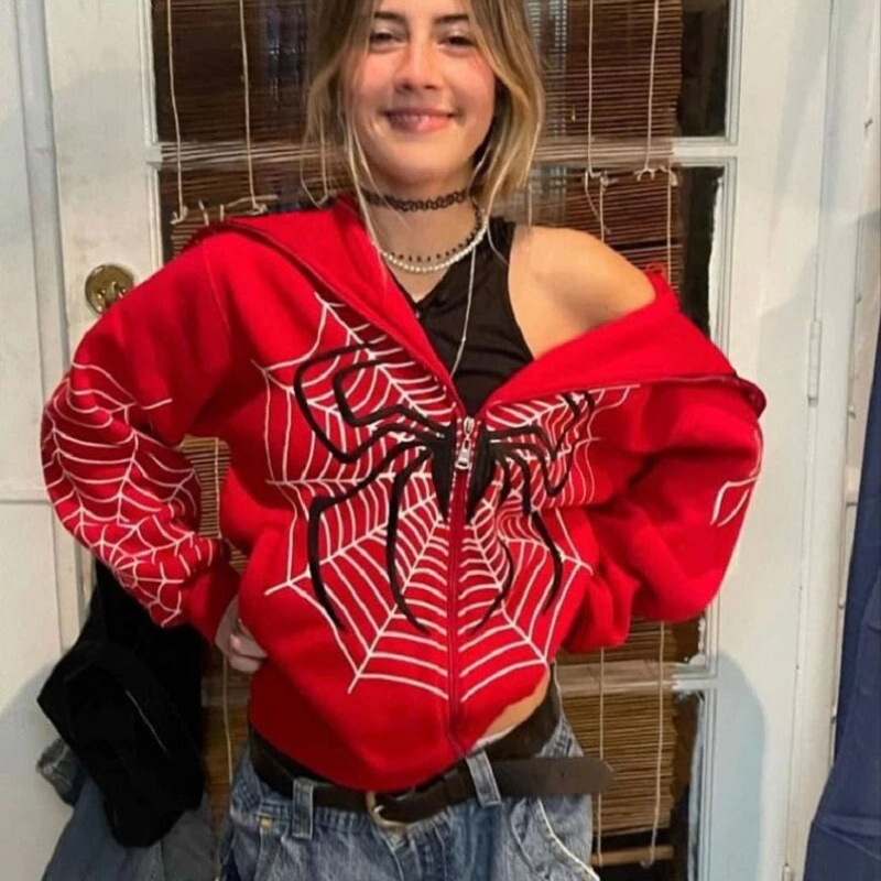 2023 Cross-border Spider Web Zipper Sweater Women's Casual Trendy Hoodie Spring and Autumn Fleece American Jacket