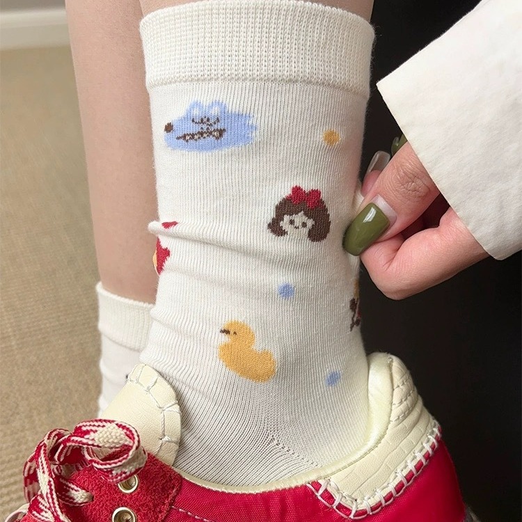 Autumn New Fairy Tale Style Women's Mid-Calf Socks Ins Trendy Korean Version Cute Cartoon Long Socks Pure Cotton