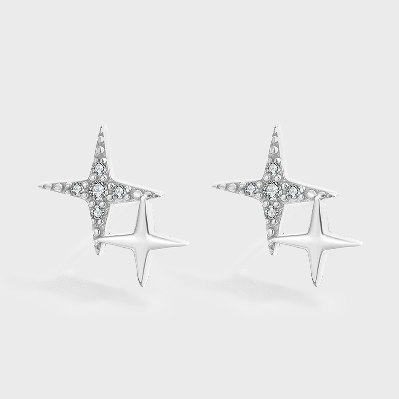 S925 Sterling Silver Star Earrings Women's Japanese and Korean Style Small Fresh Four Corner Star Earrings Sweet Diamond Small Star Ear Jewelry
