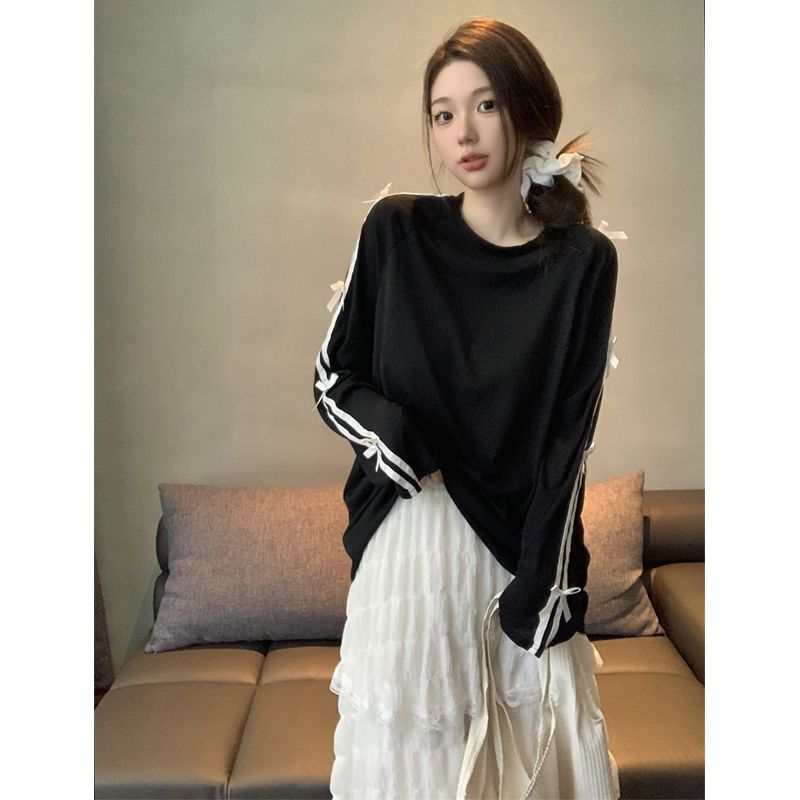 Design Sense Lace Bow T-shirt Women's Spring and Autumn Loose Casual All-match Lazy Style Thin Sunscreen Blouse Top
