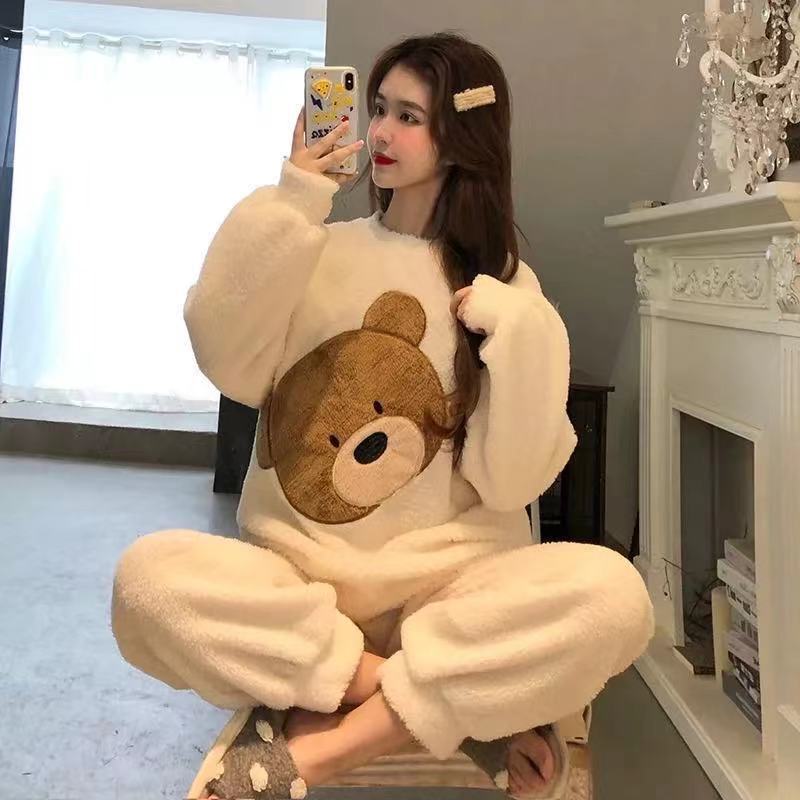 Coral Fleece Pajamas Women's Winter Thickened Fleece-Lined Home Clothes Women's Flannel Outer Wearing Warm Suit Spring Autumn Winter
