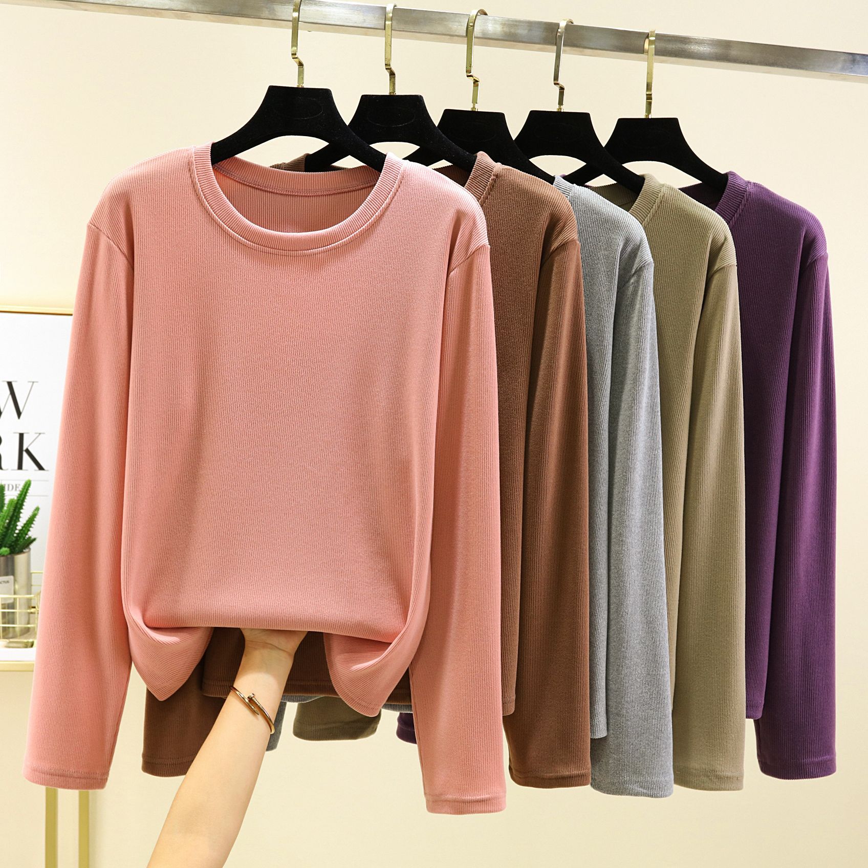 Spring and Autumn current thread cotton round neck long sleeve bottoming shirt drop shoulder sleeve fashionable all-match T-shirt simple solid color top