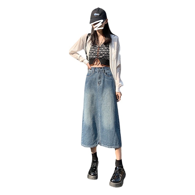 Denim skirt women's summer 2023 new small design long skirt high waist slimming split A- line skirt