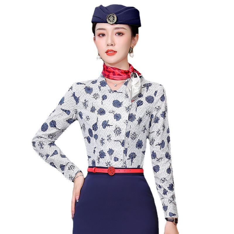 Picture of Factory New Summer Fashion Work Shirt Women's Short-Sleeved Printed Retro Stewardess Professional Shirt Hotel Meal Source Factory