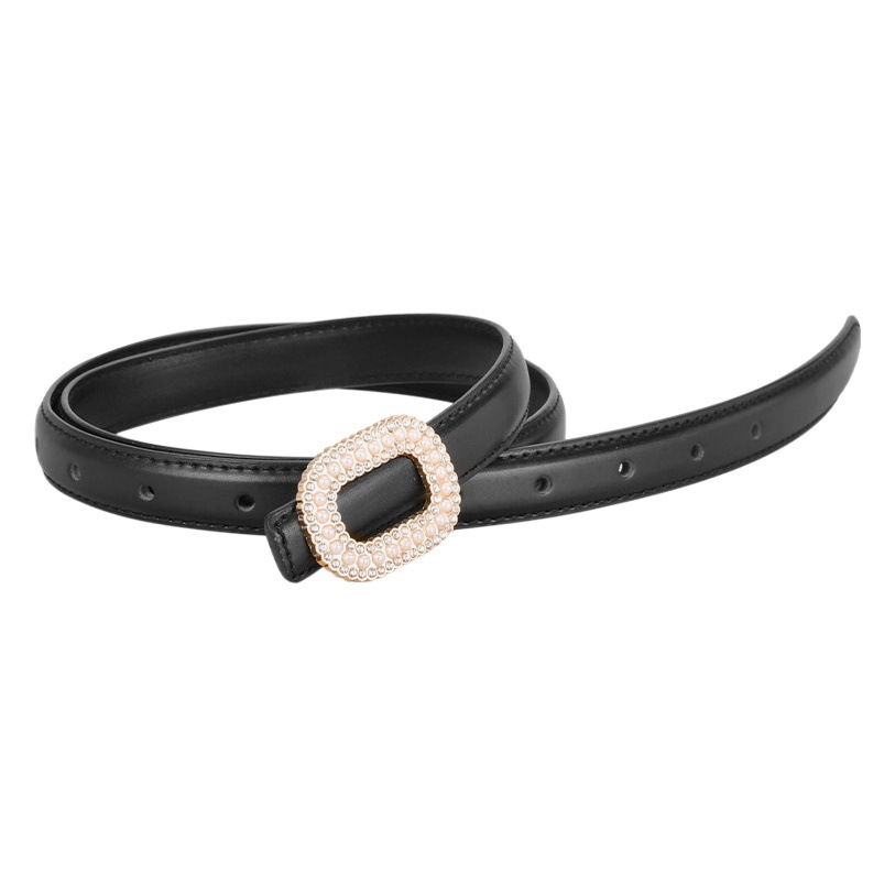 New ladies belt inlaid with pearl rhinestone round buckle decorative belt Joker women's leather smooth buckle belt wholesale