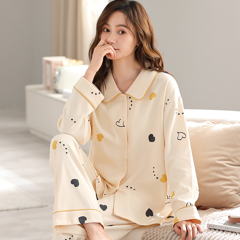 Pajamas Women's Spring and Autumn New Cotton Long-sleeved Girl's Lapel Pajamas Plus Large Size Cardigan Home Clothes suit