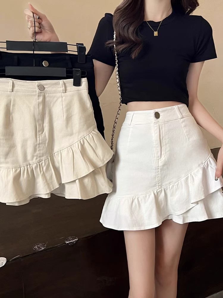 Picture of Small Irregular Ruffled Skirt 2024 Summer High Waist A- shaped Hip Slim White Denim Skirt for Women