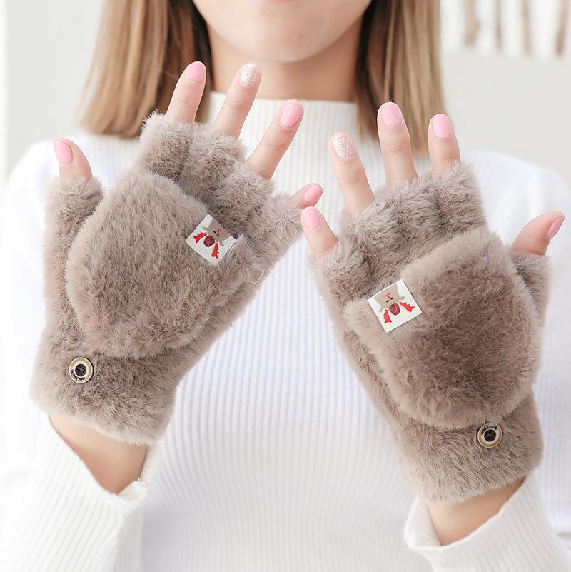 Picture of Winter students outdoor cartoon thick warm knitted cycling flip half finger plush gloves cute women Wholesale