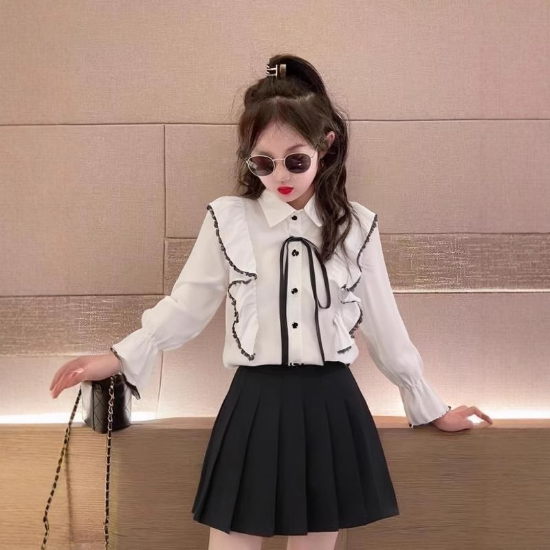 Girls' Spring and Autumn Flying Sleeve Shirt Ruffled Long Sleeve Shirt for Primary School Students Base Shirt Girls' Shirt Chiffon Celebrity