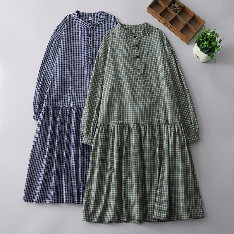 Real Shot of 2025 Autum New Japanese Style Plaid Long-Sleeved Dress for Women Retro Casual Loose Mid-Length Skirt